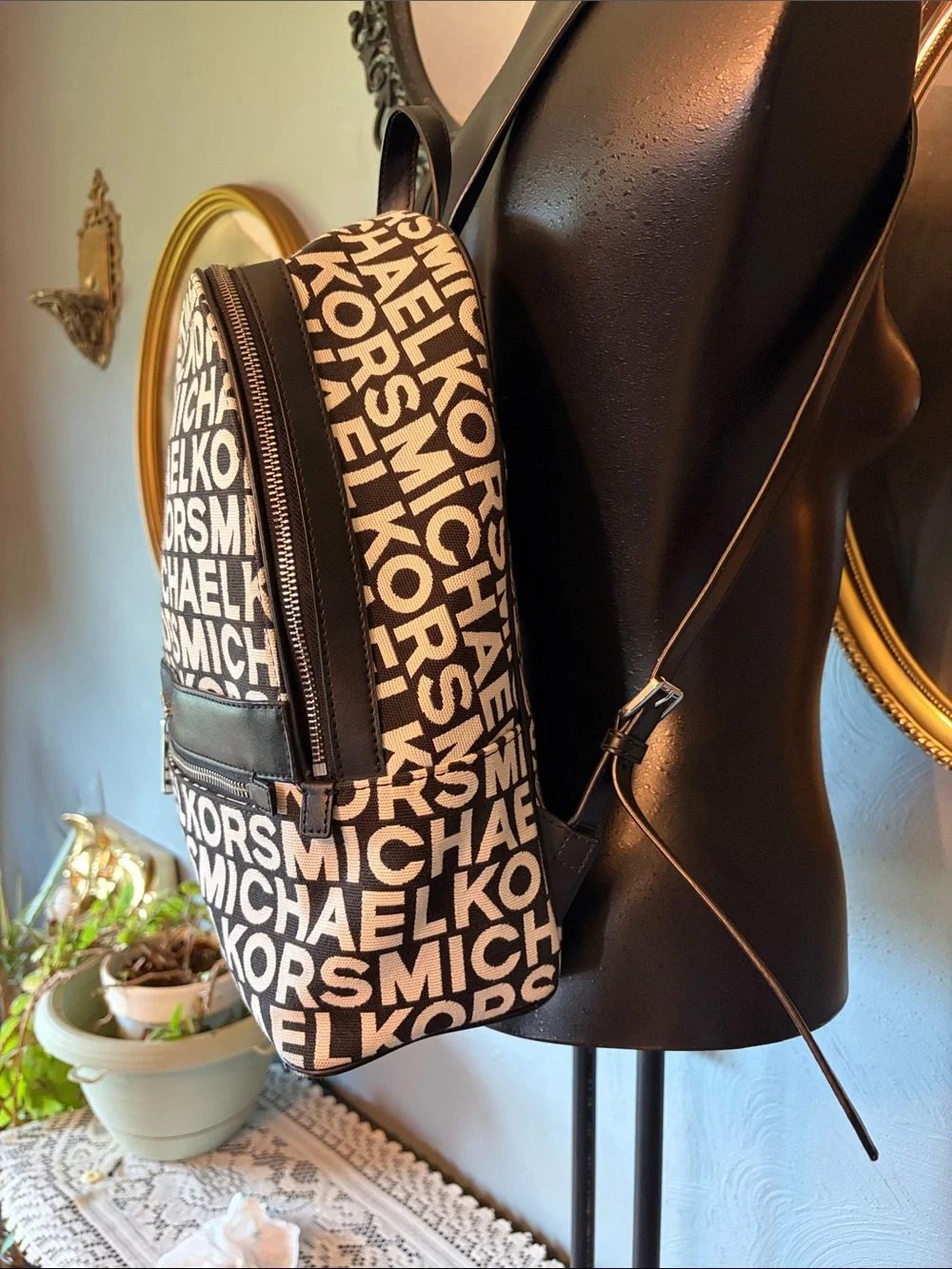 MICHAEL KORS Black & White Logo Print Backpack